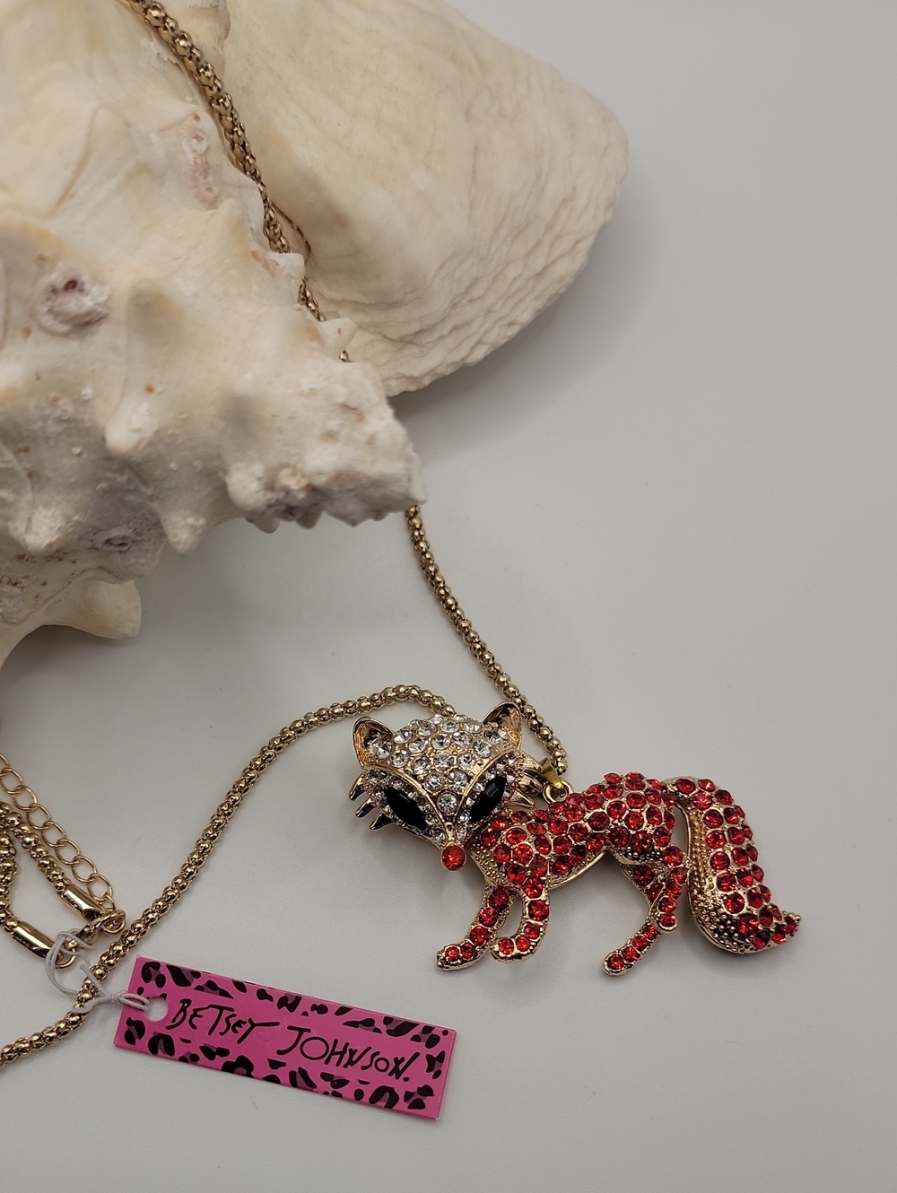 Betsey Johnson Red Crystal Fox Pendant Necklace Gold Tone Chain 28"